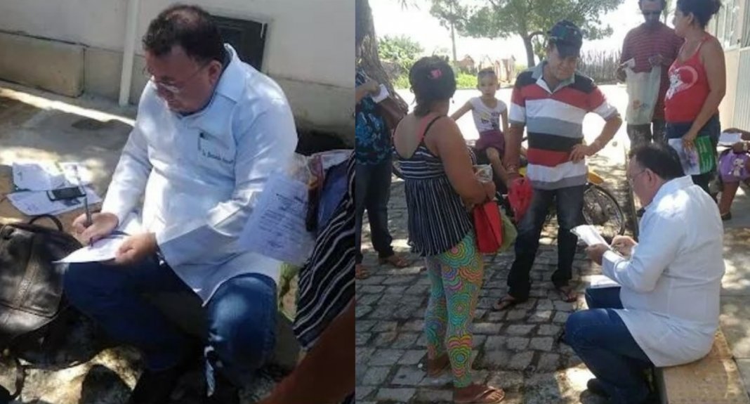 Com posto de saúde fechado, médico atende seus pacientes na calçada