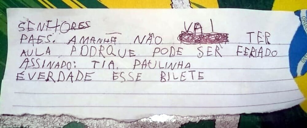 Menino de 5 anos manda bilhete em nome da professora para não ir à escola: ‘Pode ser feriado’