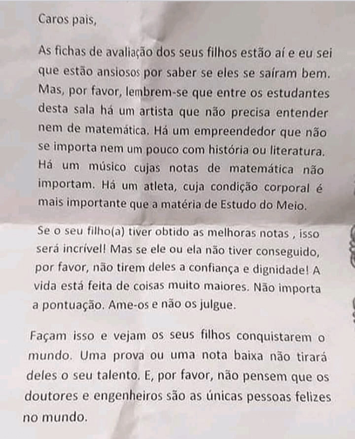 sabervivermais.com - “Não importa a pontuação. Ame-os e não os julgue” carta enviada de colégio para os pais viraliza nas redes sociais.