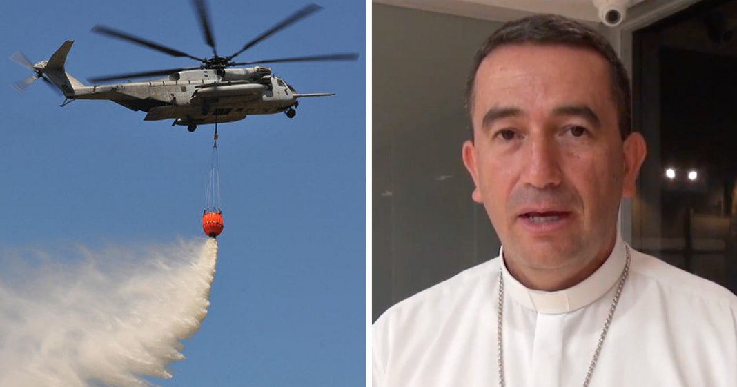 Padre católico quer jogar água benta em uma cidade a partir de um helicóptero. Procura exorcizá-la