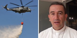 Padre católico quer jogar água benta em uma cidade a partir de um helicóptero. Procura exorcizá-la