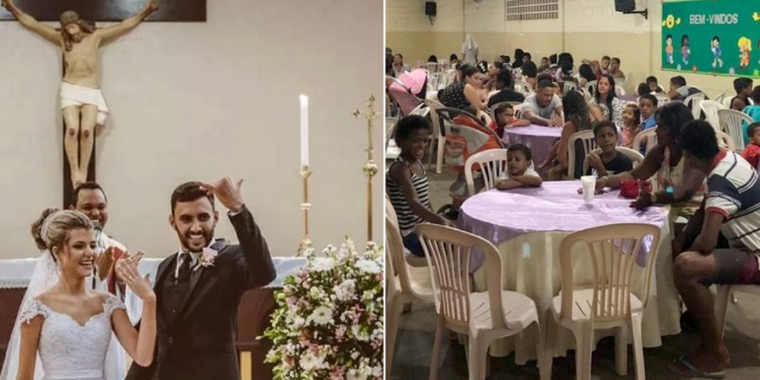 Eles festejaram  casamento dando um jantar a 160 pessoas carentes
