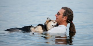 Homem flutua com cão idoso de 19 anos de idade, todos os dias para aliviar suas dores