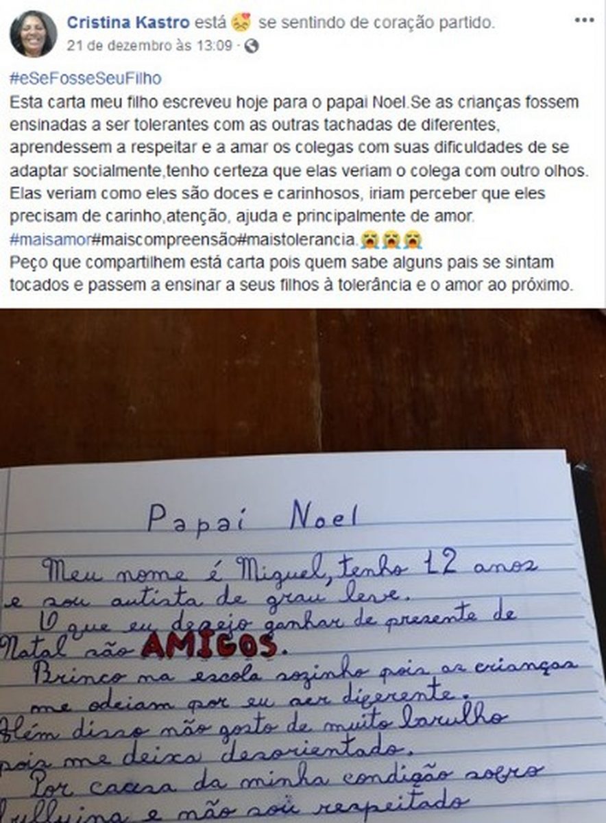 sabervivermais.com - MENINO AUTISTA ESCREVE CARTA EMOCIONANTE PARA PAPAI NOEL PEDINDO "AMIGOS"