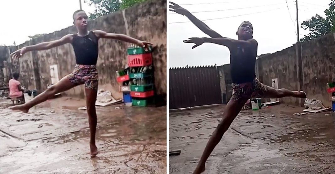 Jovem africano deleita-se dançando balé na chuva. Seus pés cheios de lama não são um impedimento