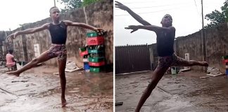 Jovem africano deleita-se dançando balé na chuva. Seus pés cheios de lama não são um impedimento