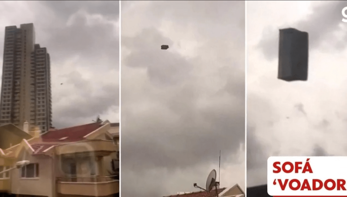 sabervivermais.com - Um sofá voador aparece pairando no céu entre prédios na Turquia