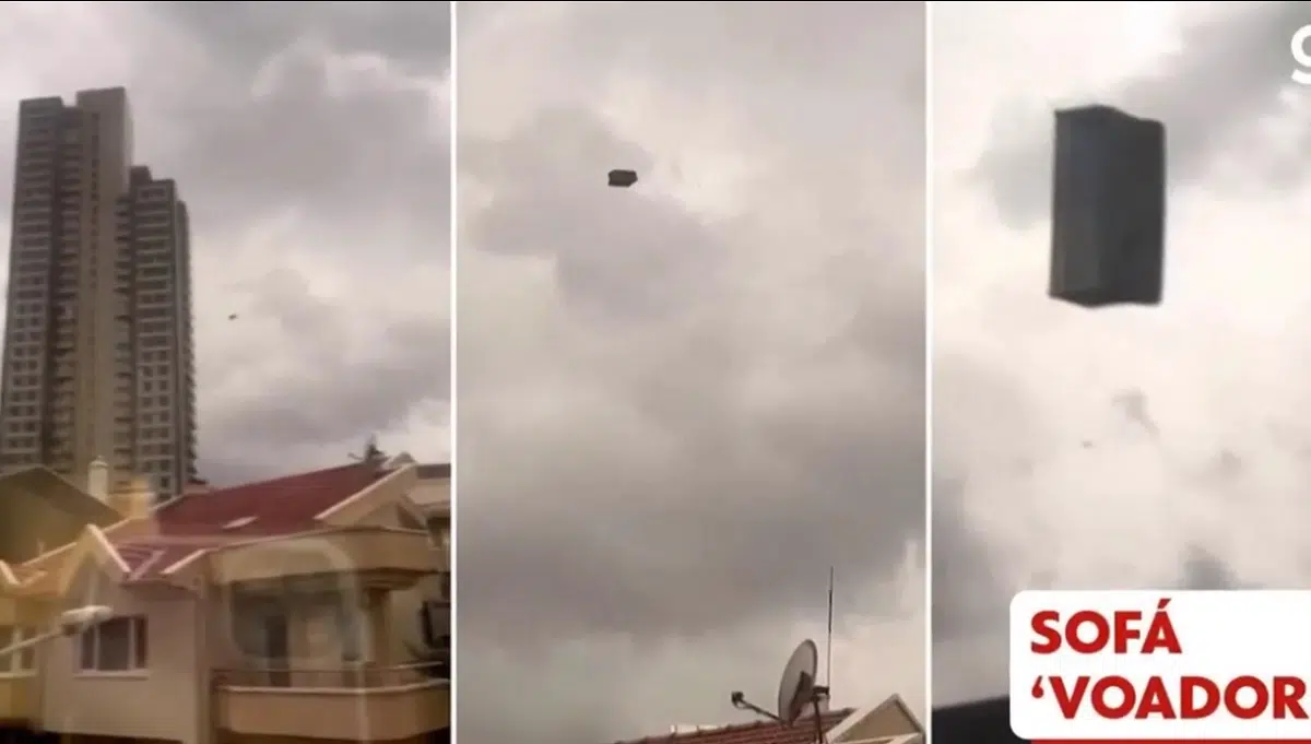 sabervivermais.com - Um sofá voador aparece pairando no céu entre prédios na Turquia